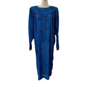 1980s Vintage Colbalt Blue Batwings Dress Satin Maxi Shoulder Pads Fanfare Sz 14